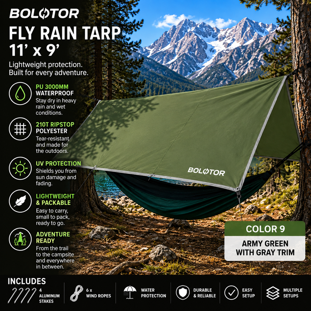 BOLOTOR Fly Rain Tarp    11' x 9' Waterproof Adventure Shelter