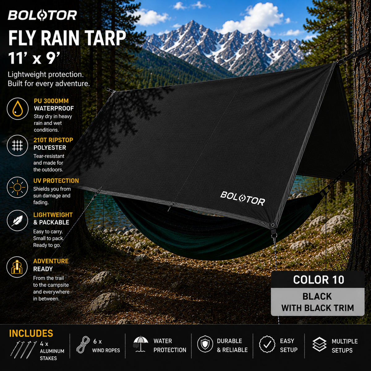 BOLOTOR Fly Rain Tarp    11' x 9' Waterproof Adventure Shelter
