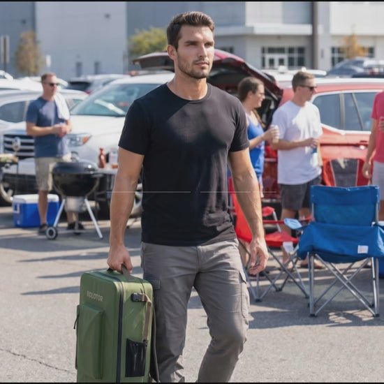 BOLOTOR cooler backpack being carried into a tailgate, all-in-one cooler backpack with tarp shelter for outdoor tailgating and camping