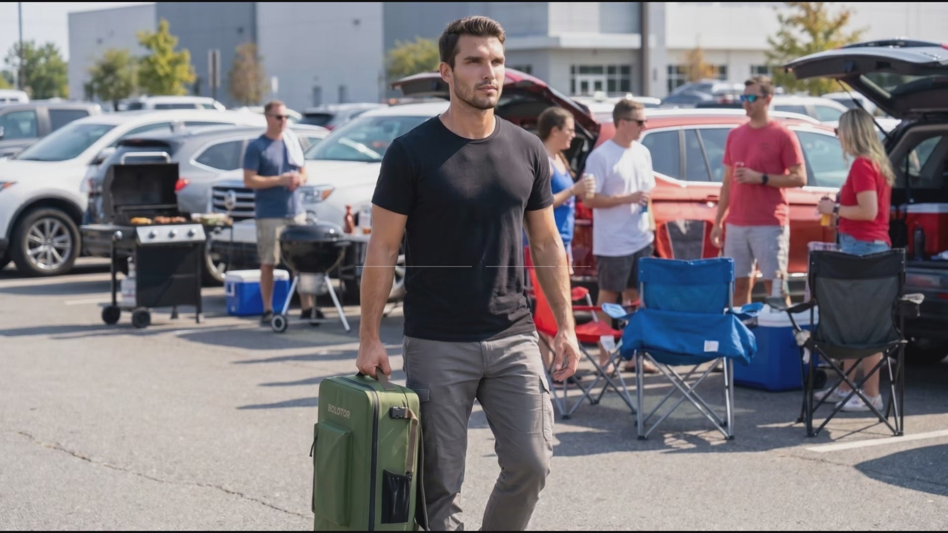 BOLOTOR cooler backpack being carried into a tailgate, all-in-one cooler backpack with tarp shelter for outdoor tailgating and camping